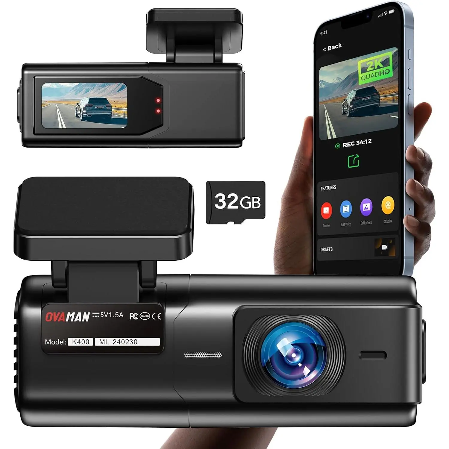 Driving Recorder 2K 1440P WiFi Car Camera with 1.4 Inch IPS Screen, 2K Car Front Driving Recorder, Car Mini Driving Recorder with Night Vision, 24 Hours Parking Mode, Free 32GB Card, App, G Sensor, supports a Maximum of 28GB 28GB.