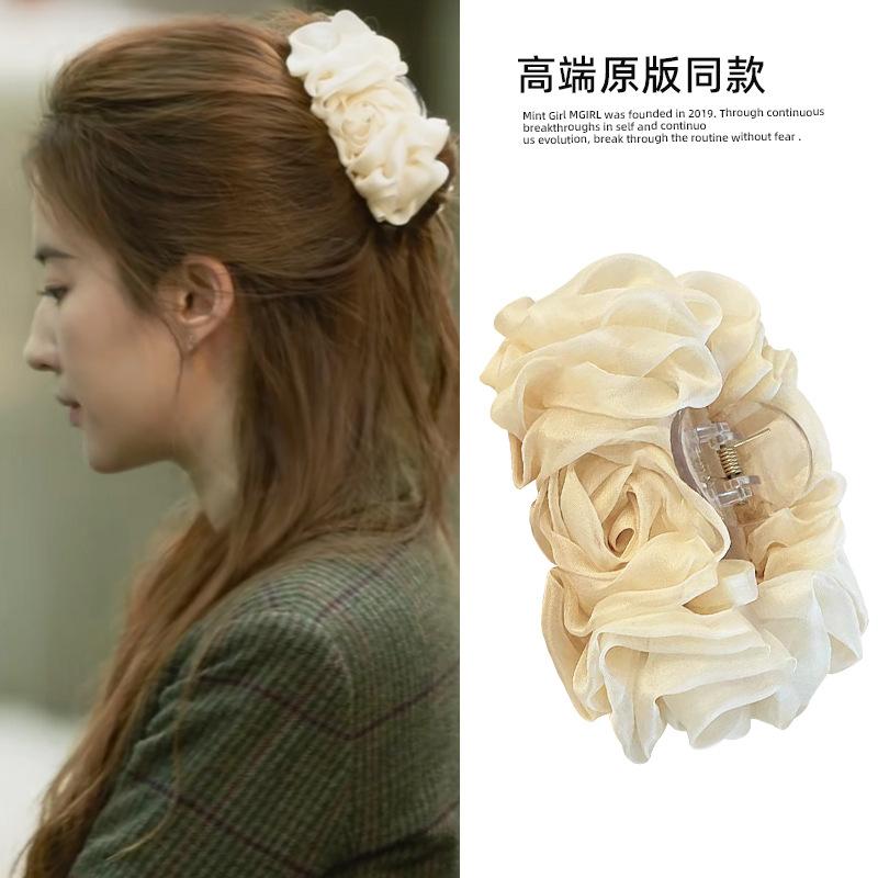 A28 Kẹp tóc Lưu Diệc Phi  vải voan hoa hồng size kẹp 11cm điệu đà cho nữ