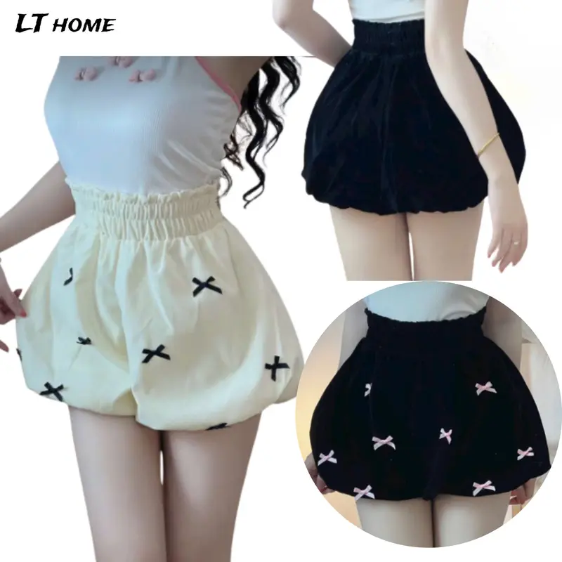 Quần short nữ dáng bí nhung bồng đính nơ nhí xinh xắn siêu tôn dáng lyihome, thời trang nữ hiện đại 0