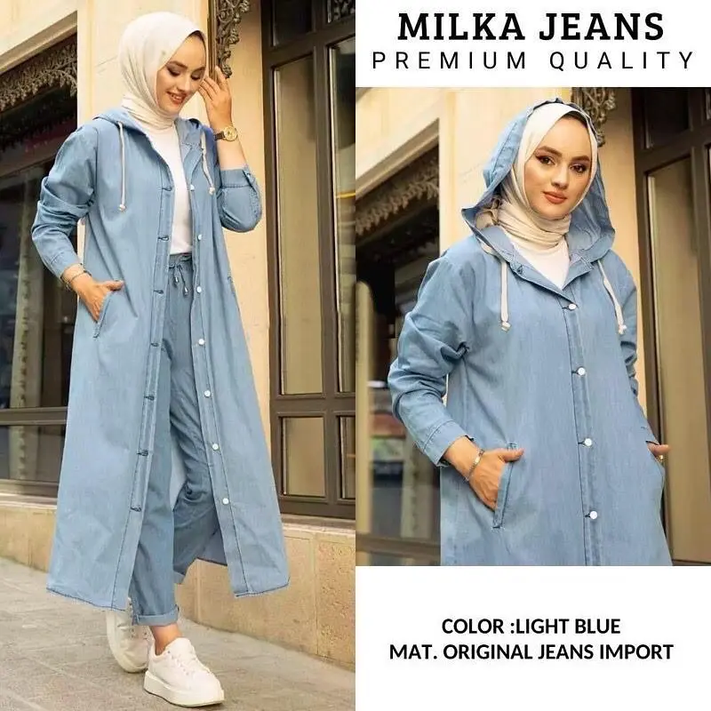 MILKA Long Tunik Jeans Wanita Ide Casual Street Style Hoodie - WL Baju Fit