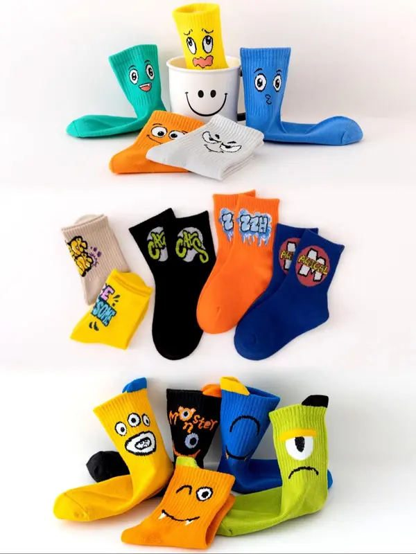Boys' Cartoon Face & Letter Print Calf Socks, Casual Cute Comfy Breathable Fashion Mid-calf Socks for Daily Wear, Kids Socks for All Seasons, Casual Stylish Socks 3