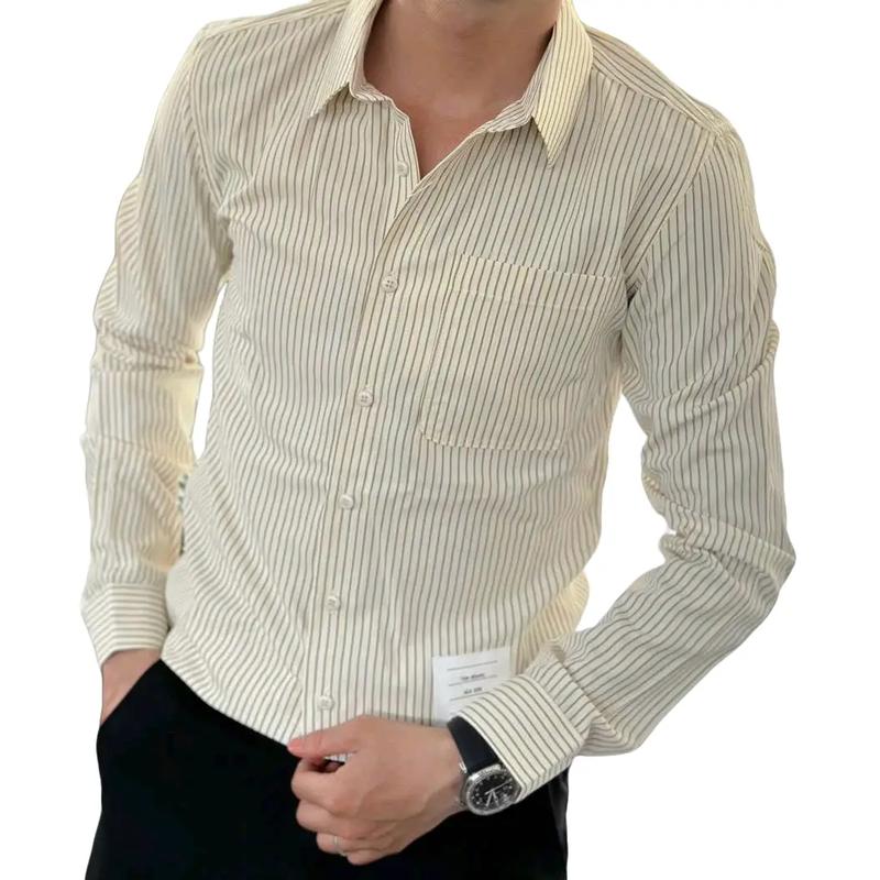 Áo Sơ Mi kẻ Thom nam dài tay 8816 - Chất liệu vải cotton thoáng mát Menswear Shirt Kem