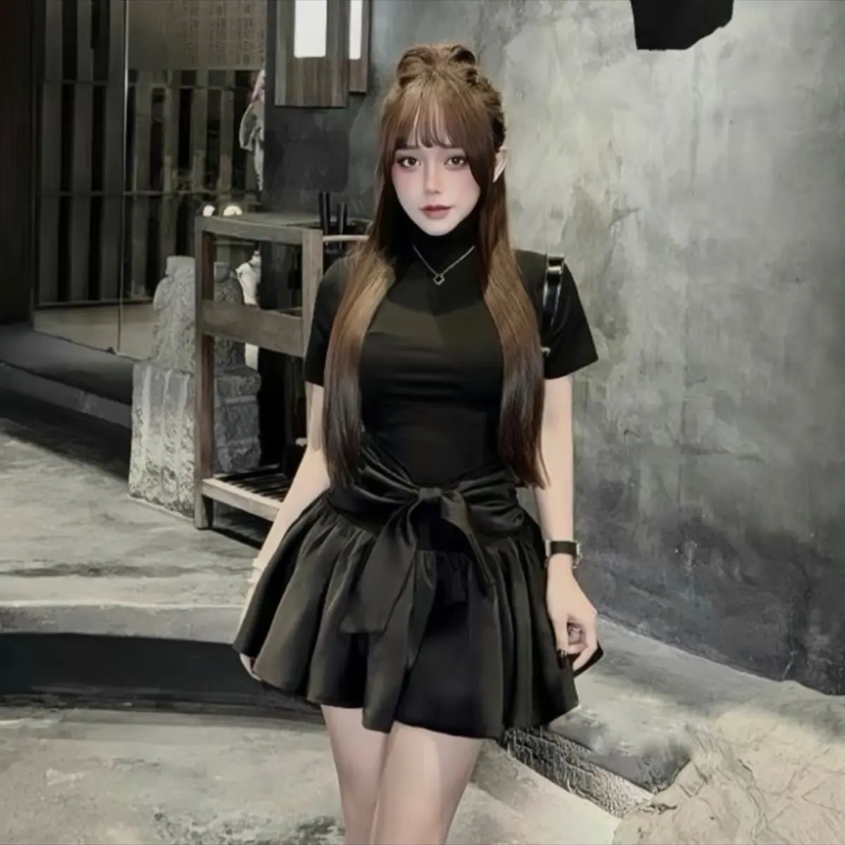 [01]Váy xoè cổ tròn phối dây nơ eo  bigsize hươngbe thun lạnh xịn