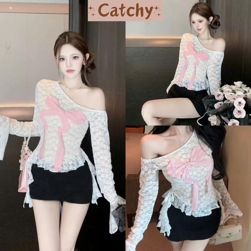 Set Áo Kiểu Nữ Trễ Đính Nơ Tay Dài Loe Tuan Rua Phối Chân Váy Cạp Trễ Y2k Dáng Ôm Sang Chảnh CATCHYstore Set Áo Ren Tay Dài Đính Nơ Tua Rua Kèm Chân Váy Ôm Ngắn Women Top Dáng Ngắn