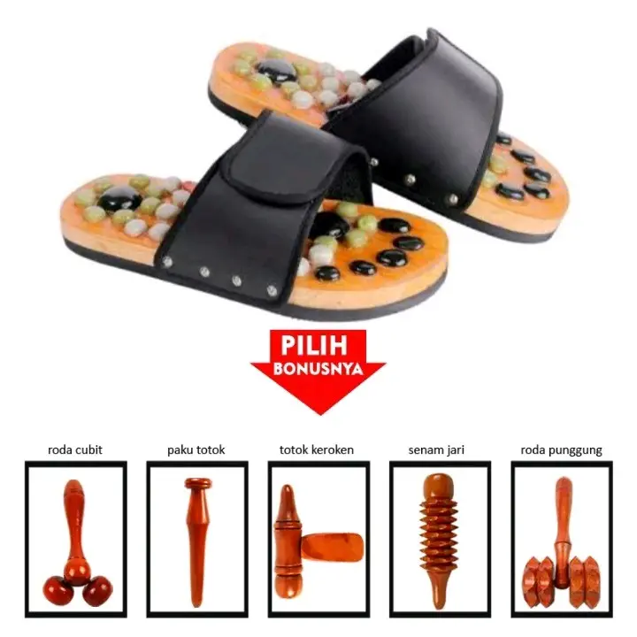 Sandal Batu Refleksi Akupuntur Kayu Mahoni Bonus Alat Pijat Kaki Tangan kening Kerokan Toe Thong Open Toe Terapi Tubuh Pijit 0