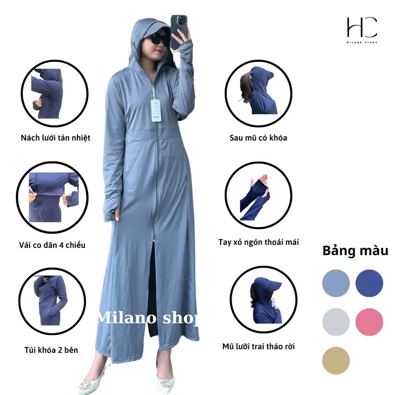 Áo chống nắng toàn thân 2 lớp Morriss , vành mũ rộng tháo rời, khóa mũ sau, vải coolair co dãn 4 chiều thoáng mát 0