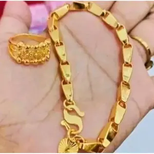 Set Gelang Titanium Cincin Bunga Padi Lapisan Kuning Emas 24k Fashion Perempuan Perhiasan