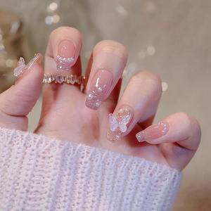 3Dバタフライデコレーションフェイクネイルキット、24枚入りショートバレリーナタイプの女性用簡単DIYネイルアート、手軽なプレスオンネイルマニキュアセット
