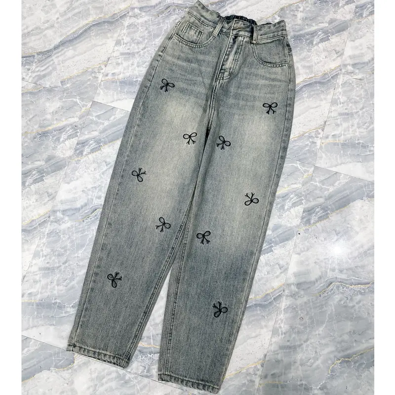 [003] Quần Jeans Baggy QC Lưng Chun Thêu Nơ Trơn Không Co Giãn 4