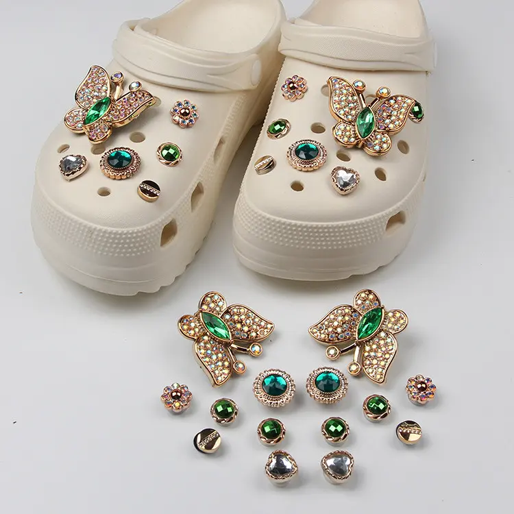 14pcs Vintage Fashion Green Diamond Butterfly DIY Croc Jibz Charm Button Fashion Shoes Accessories