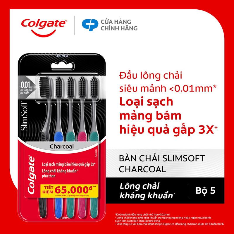 Bộ 5 Bàn chải đánh răng Colgate than hoạt tính kháng khuẩn SlimSoft Charcoal mềm mảnh