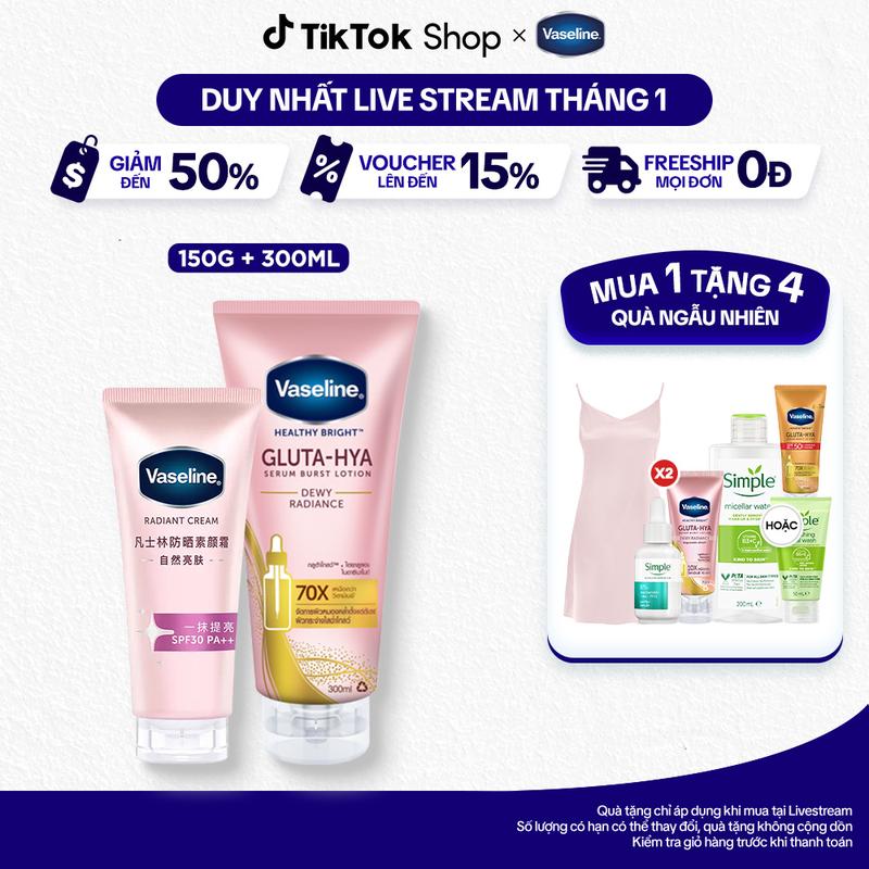 1 Combo Kem dưỡng sáng da nâng tông tức thì Vaseline Radiant Cream SPF30 PA++ và Vaseline Gluta-Hya Dewy Radiance