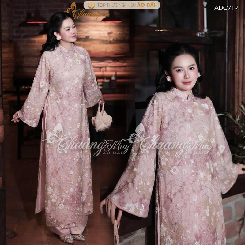 Áo dài cách tân nữ 4 tà Hoa Sương kim sa nhũ ADC719 may sẵn dáng suông dự tiệc cưới lễ tết đẹp