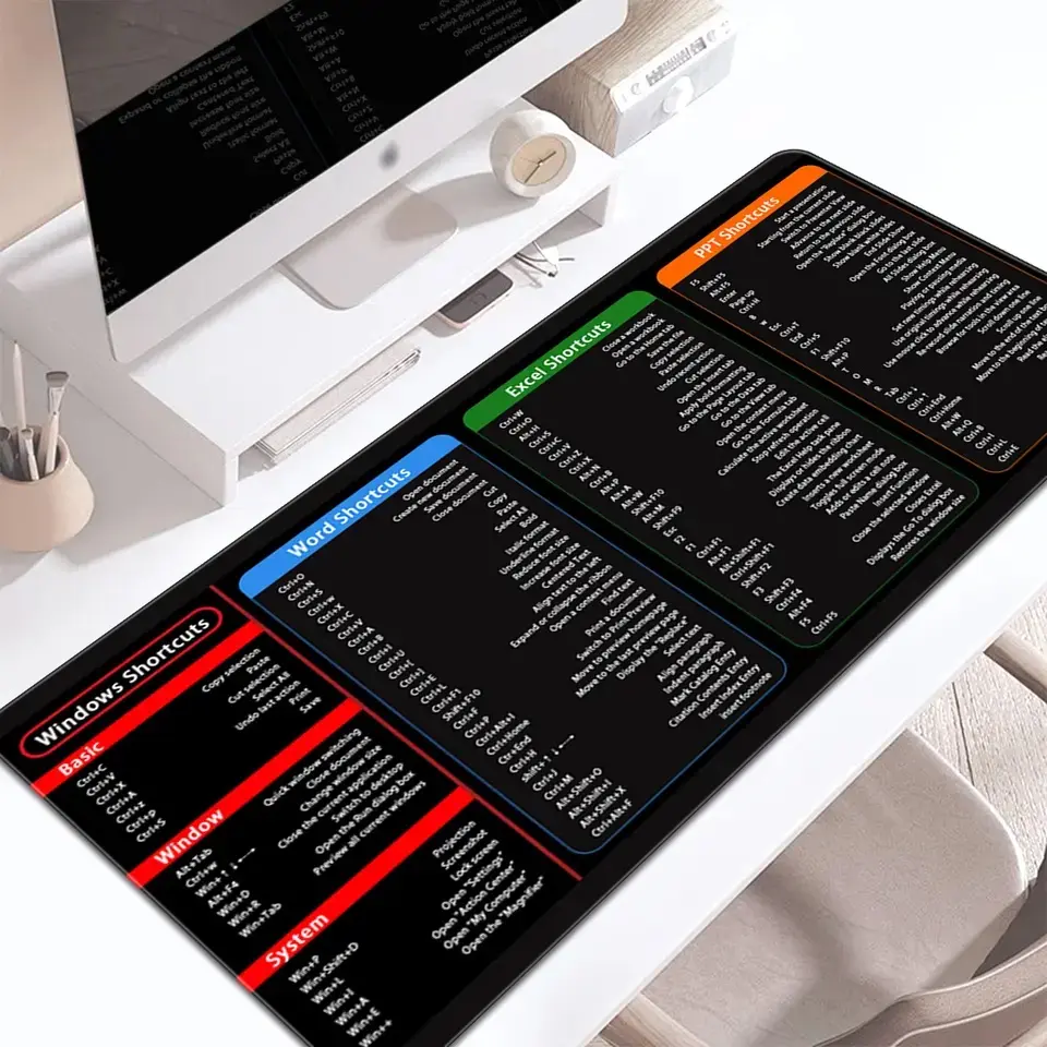 Excel Shortcuts Pattern Mouse Pad - Multi-size Washable Non-Slip Stitched Edge - Office Keyboard Desk Mat for Home and Office