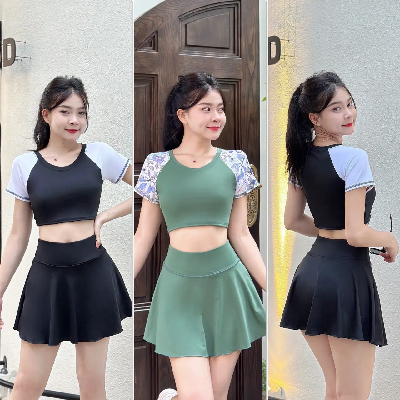 Set Váy Đi Biển Đi Bơi Nữ, Đồ Đi Biển Đi Bơi Nữ Dáng Croptop Phối Tay Kết Hợp Chân Váy 2 Lớp Kèm Sẵn Mút B01