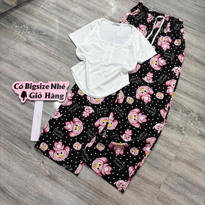 80.B32 Set bộ áo cổ tròn bầu có nút tay ngắn quần suông in hoạt hình labu quần chất đũi Kem Nữ Women Voi Top 1