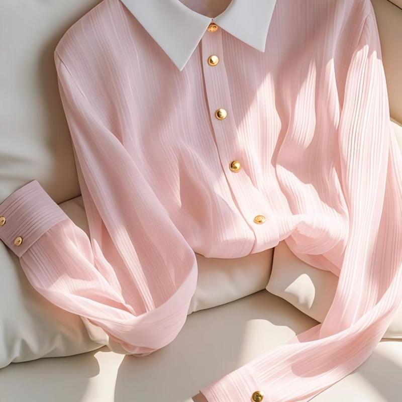 Áo Sơ Mi Dài Tay Màu Hồng, Dành Cho Phụ Nữ, Đầu Thu Mới, Phong Cách Phương Tây, Sang Trọng Cao Cấp, Nhẹ Và Thoáng Khí, Làm Bằng Voan, Áo Dài Tay, Giấu Bụng