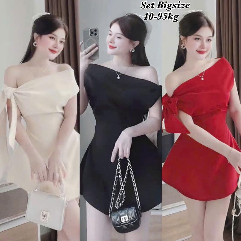 Thời Trang Bigsize Én Nhỏ - Set Đầm Váy Nữ Buộc Nơ Và Quần có Bo Chun Thiết Kế Lệch Vai Lụa Chéo Hàn Xinh Đẹp Đón Tết Thiết Kế Thời Trang Bigsize Đẹp Sang Chảnh, Giá Rẻ Freesize 40-95kg Ennhocobigsize Nữ Dress Váy Đen Bigsize Đầm Xinh Đi Tiệc Trắng  Đỏ