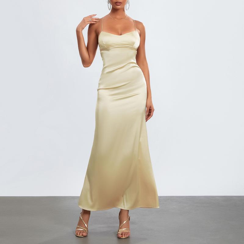 Product Introduction of Women's Summer Long Slip Dress Solid Color Sleeveless Spaghetti Strap Low Cut Backless Slim Dress 32