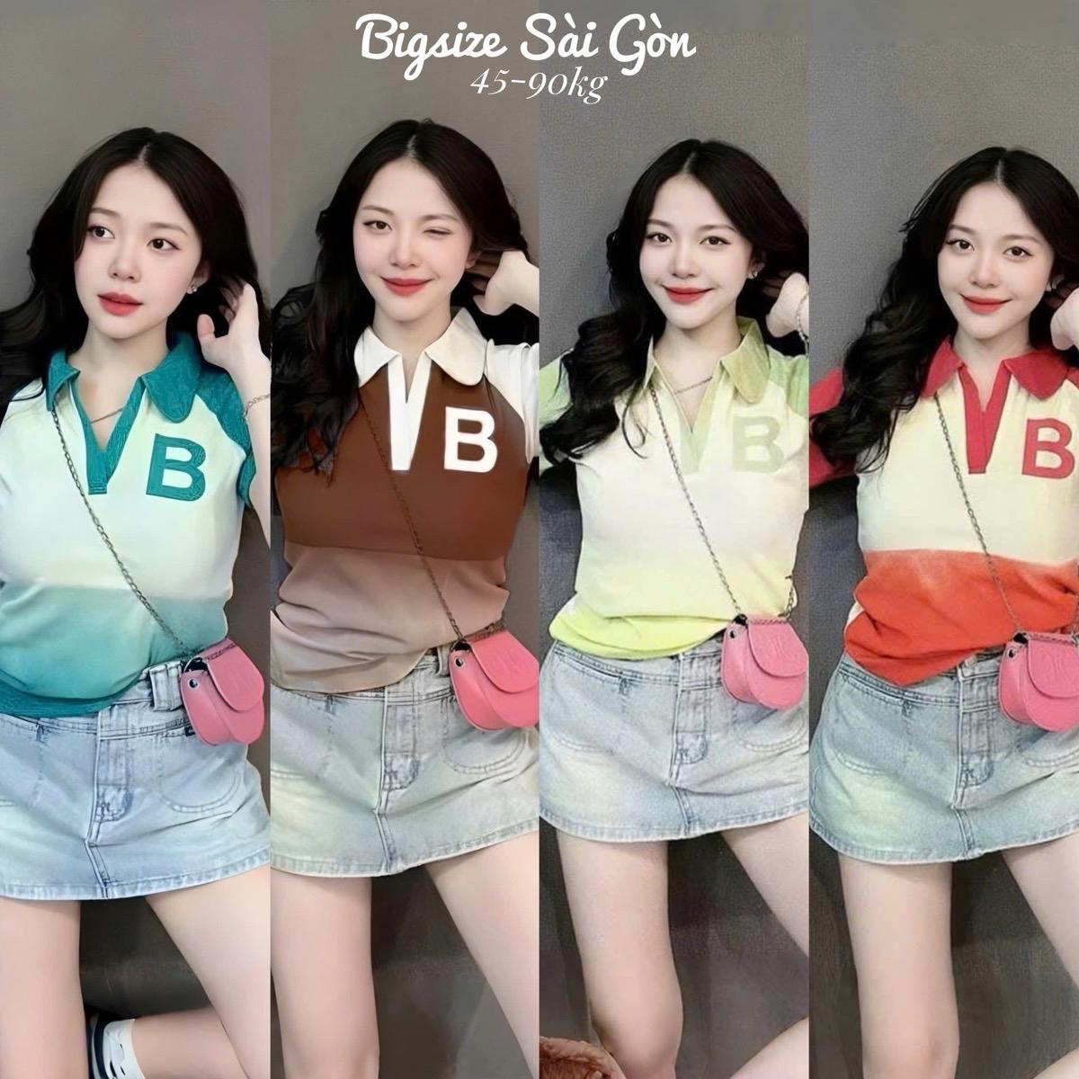 Áo Thun Polo Phối In Loang Chữ B Vải Thun Gân Tăm 45- 90Kg Bigsize Sài Gòn Nữ Top - B.1412