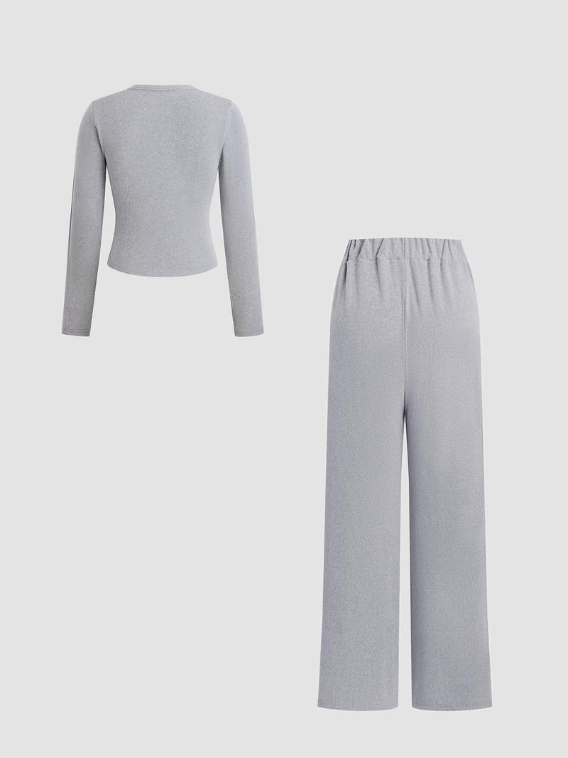 Product Introduction of Two-piece Set Women's Solid Button Front Ribbed Crop Top & Elastic Waist Pants, Casual Long Sleeve Round Neck Top & Trousers 2 Piece Set for Spring & Fall, Women's Clothes for Daily Wear, Sassyandclassyclothing 15