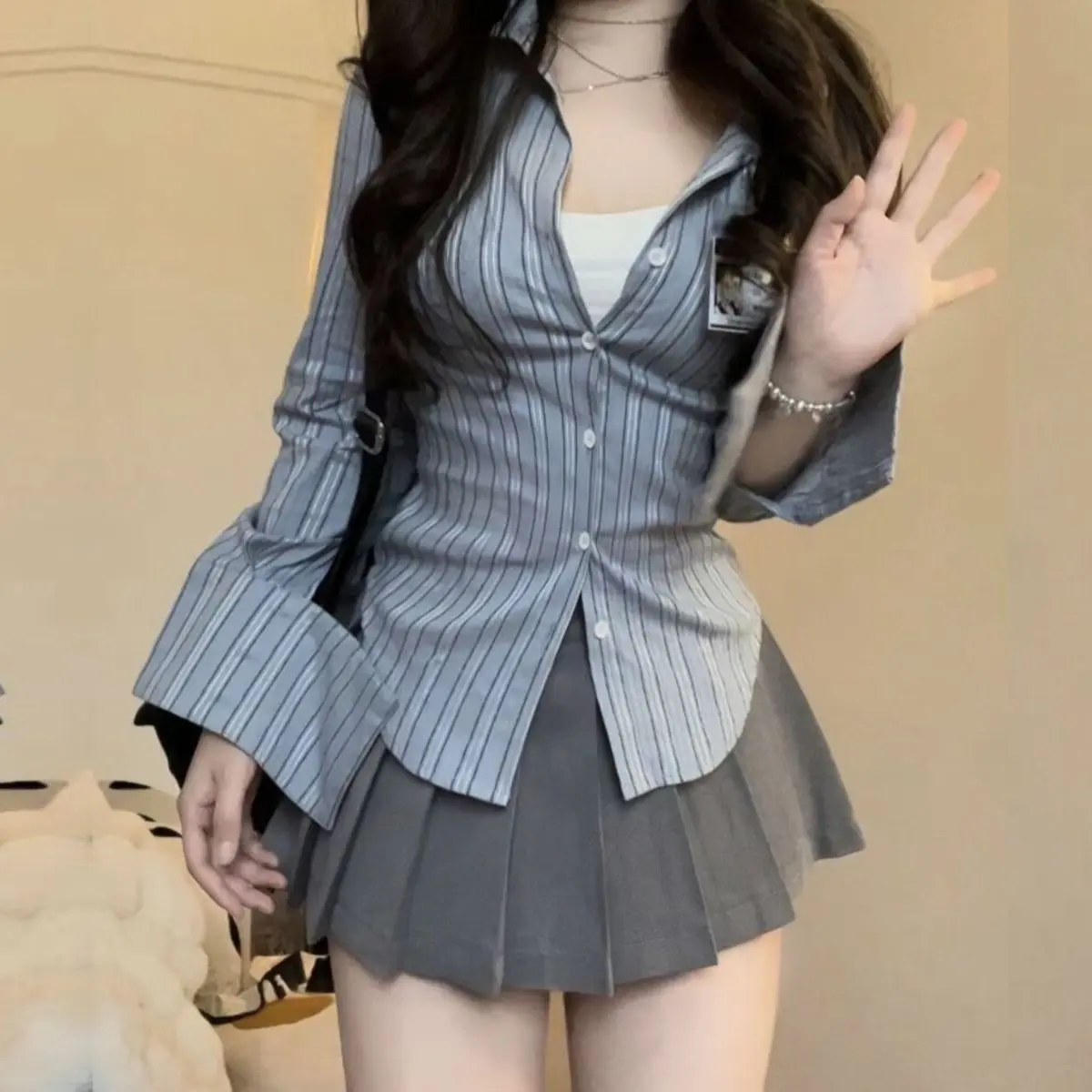 Bộ Đồ Đồng Phục Jk Mỹ Áo Sơ Mi Bó Eo Phong Cách Preppy Thuần Khiết Cho Nữ, Thiết Kế Đẹp, Áo Sơ Mi Dài Tay Kẻ Sọc Dáng Ôm Cô Gái Nóng Bỏng
