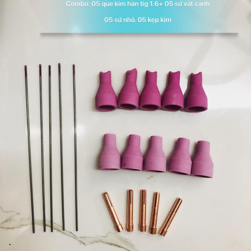 Combo kim hàn, sứ hàn, kẹp kim hàn tig QQ150 (05 que kim 1.6, 5 sứ nhỏ, 5 sứ vát, 5 kẹp kim)