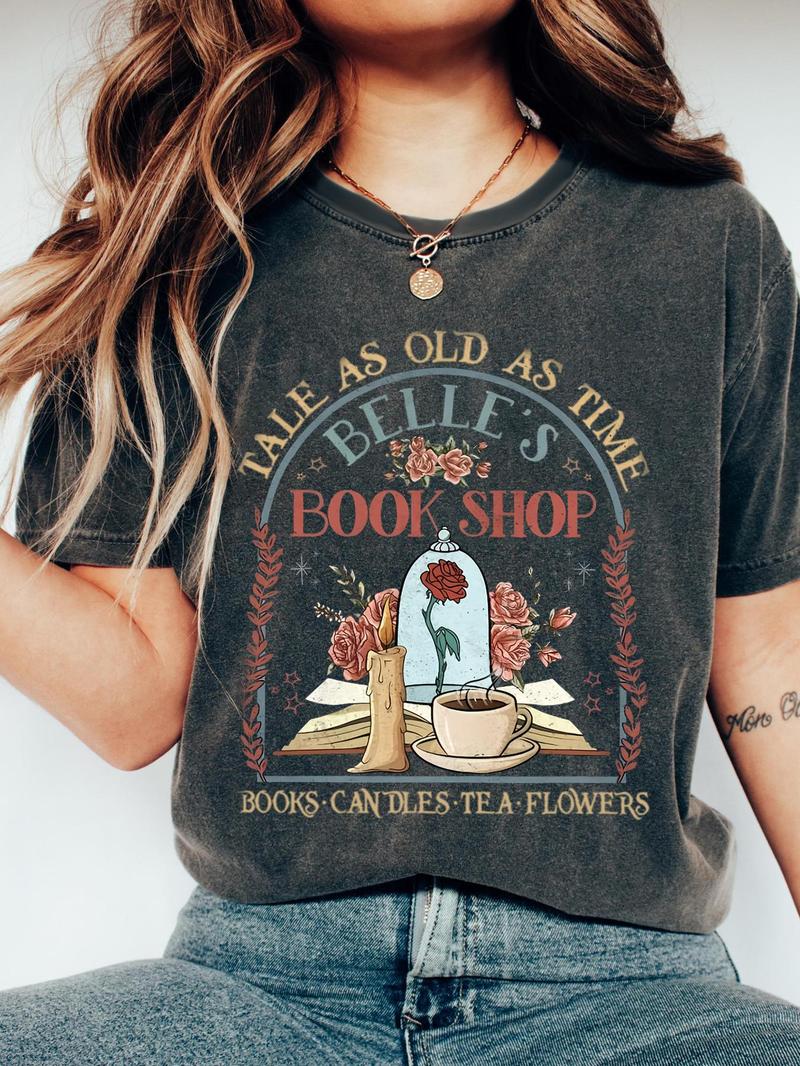 Product Introduction of Women's Floral & Book Print Round Neck Tee, Vintage Trendy Casual Short Sleeve T-shirt for Daily Wear, Ladies Summer Tops 1