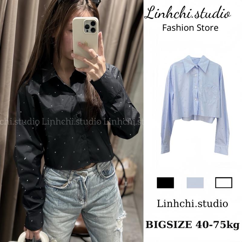 Áo sơ mi crotop ĐÍNH ĐÁ dài tay chất thô mềm mịn thoáng mát_Linhchi.studio