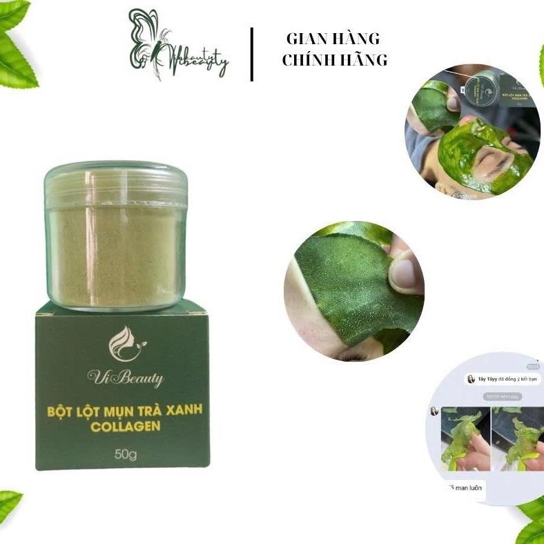  CHÍNH HÃNG  - BỘT Lột mụn trà xanh collagen VIBeauty,hộp 50g lột mụn đầu đen mụn cám sợi bả nhờn. 