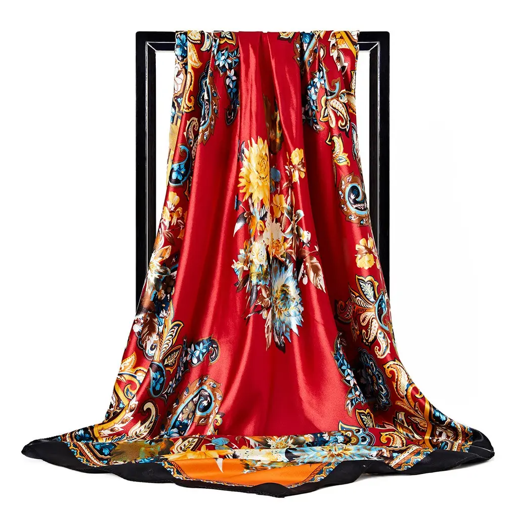 Khăn Quàng Cổ In Hình Vuông Bằng Lụa Mô Phỏng, 35,4 Inch (90 × 90cm), Khăn Xếp, Phụ Kiện Nữ, Khăn Choàng Thời Trang Satin, WJ1001-04