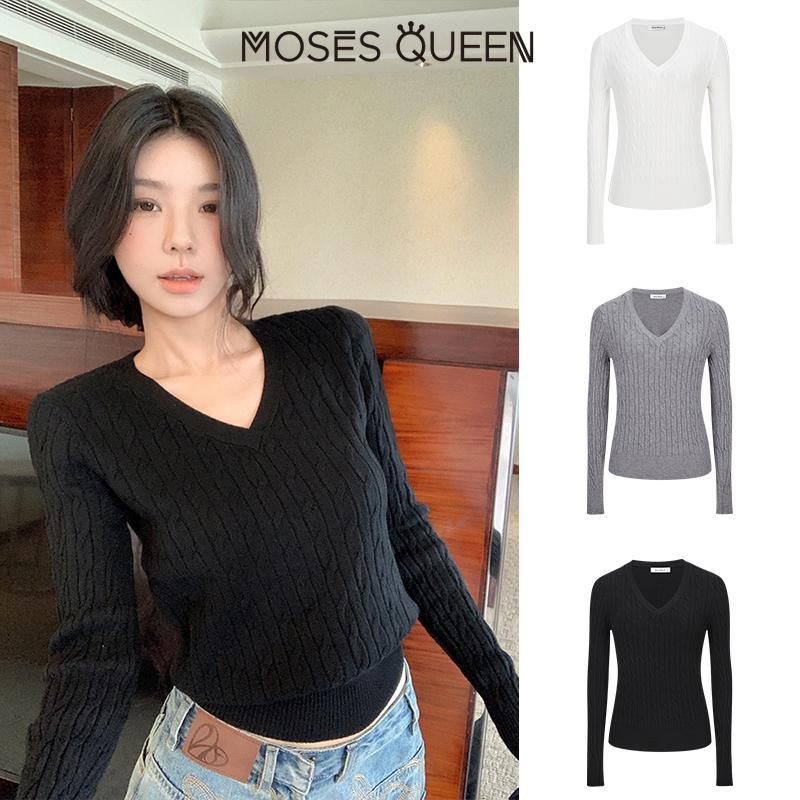 Moses Queen Áo Len Dệt Kim Mỏng MosesQueen Tay Áo Dài Cổ Chữ V Cơ Bản Phong Cách Preppy Tay Áo Dài Thiết Kế Xoắn Thích Hợp Cho Đầu Mùa Thu Hàng Mới Về 2026 # 59961