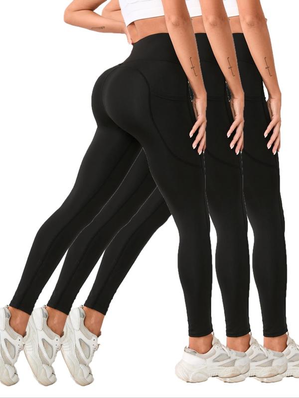 Women's 3pcs Solid High Waist Pocket Sports Leggings, Sporty High Stretch Seamless Skinny Pants for Yoga Gym Workout, Ladies Sportswear Bottoms for All Seasons 2
