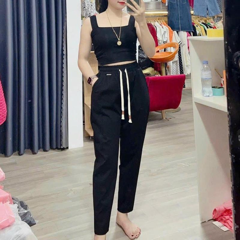 QUẦN BAGGY NỮ VẢI UMI HÀN CÓ DÂY RÚT EO CÁ TÍNH Pants Denim Nhung Kem
