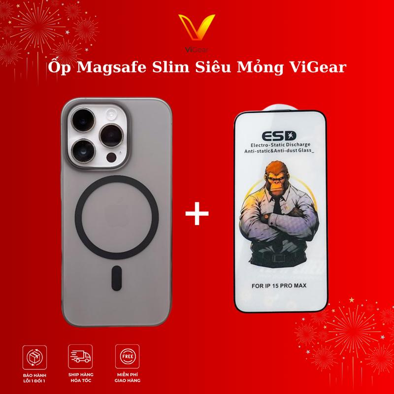 Ốp, Case điện thoại iPhone Slim ViGear siêu mỏng chỉ 0.9mm từ tính cho lp11 đến  lp15 promax, 14 15 Plus - Tặng kèm kính Ba-king HD độ cứng 9H, phủ nano, chống bụi màng loa Kem Chống Sốc