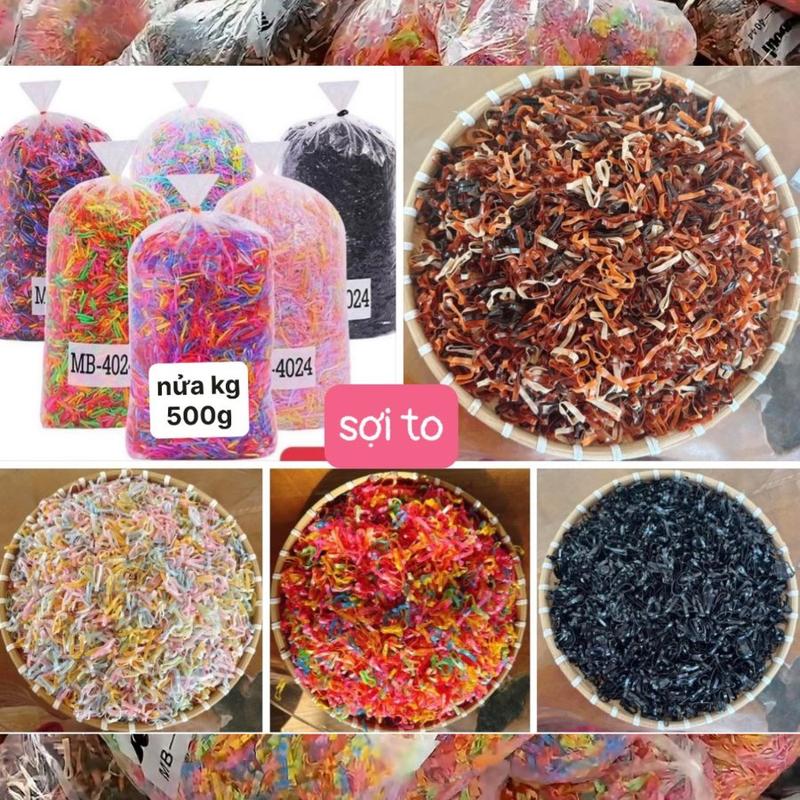 Thun Su thái sợi to nửa kg (500g đóng túi lớn), dây chun dai bền, thành chun dày và bóng, cột tóc không bị cắn tóc, để lâu không chảy nhựa Voi