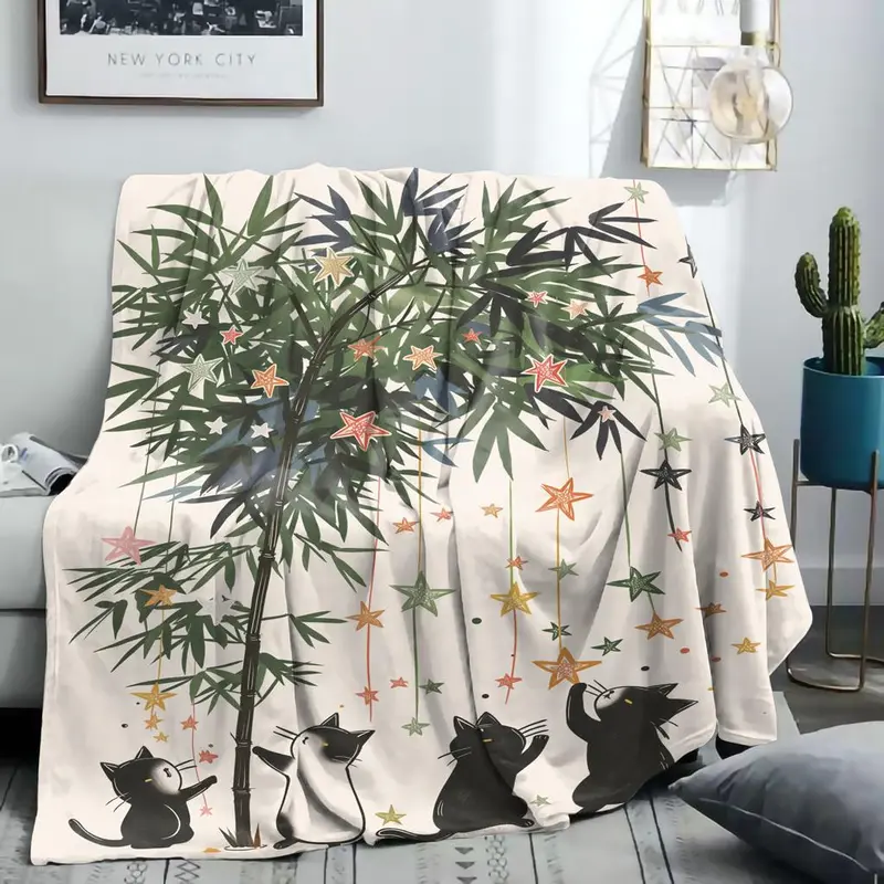 Cat & Tree Pattern Blanket, Soft Comfortable Throw Blanket, Cool Bedroom Bedding Blankets, Warm Napping Blanket for Home Office Travel Camping 5