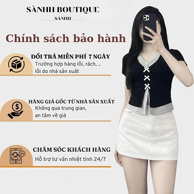 Product Introduction of Áo Thun Cotton Cộc Tay- Cổ Tim Đính Nơ 2 Lớp- Phối Màu Điệu Đà- Form Ôm- Mã 376 12