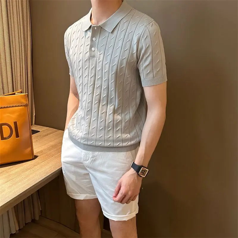 Áo Polo ngắn Tay Dệt Kim Jacquard Dọc, Thời Trang Mới Mùa Hè, Cá Tính Hợp Xu hướng Dễ Phối Đồ Thường Ngày Cổ Áo bẻ xuống Áo Phông, Tỷ Lệ Mua Lại 41%