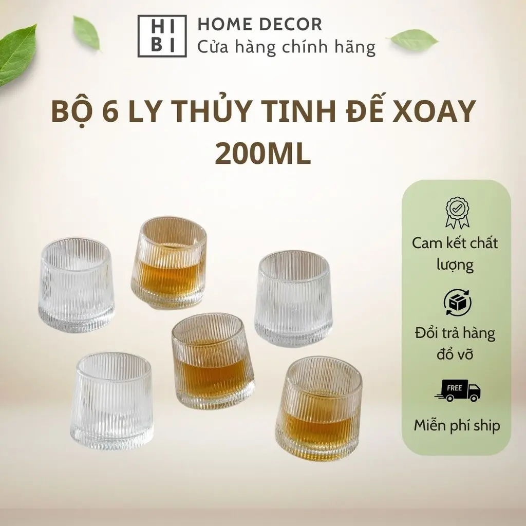 Set 6 Ly Thủy Tinh Đế Xoay 200ml Bộ Uống Nước , Rượu Trong Suốt - Hibi