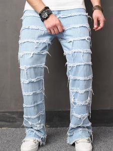 Men's Raw Hem Straight Leg Jeans, Loose Casual Comfy Denim Pants for Daily Wear, Woven Bottoms for All Seasons, Cotton