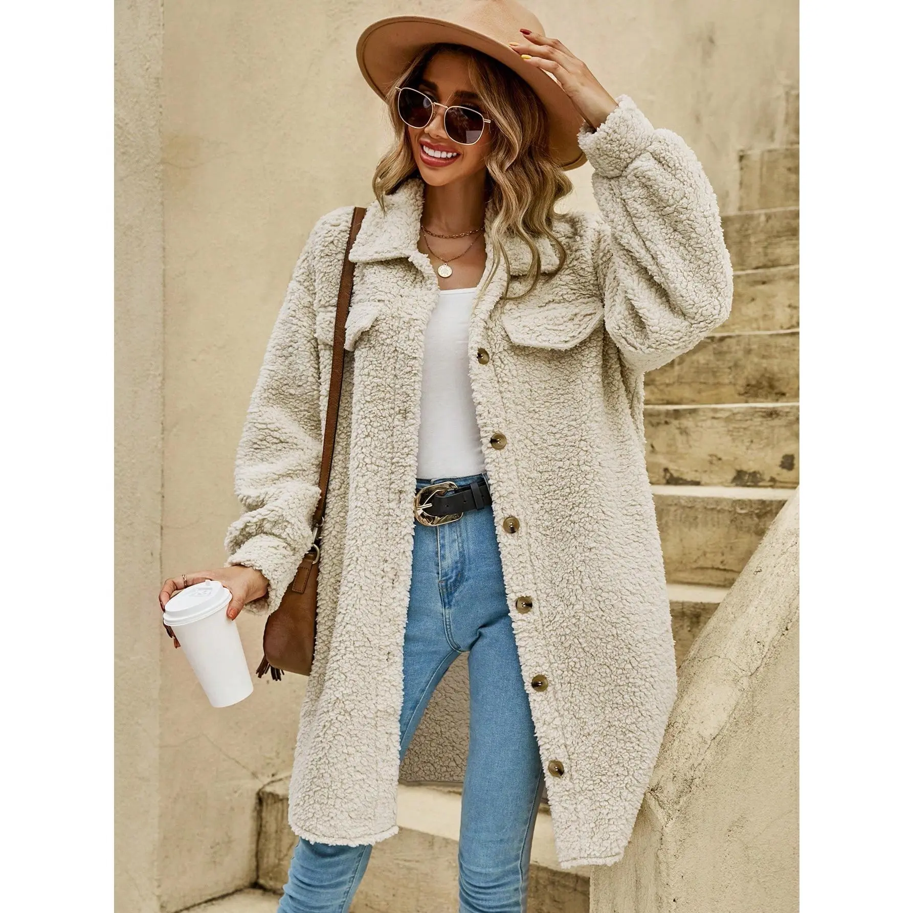 Frenchy Drop Shoulder Flap Detail Teddy Coat Long Sleeve Fit Womenswear Jackets Polyester Tops Fabric Comfort Fleece