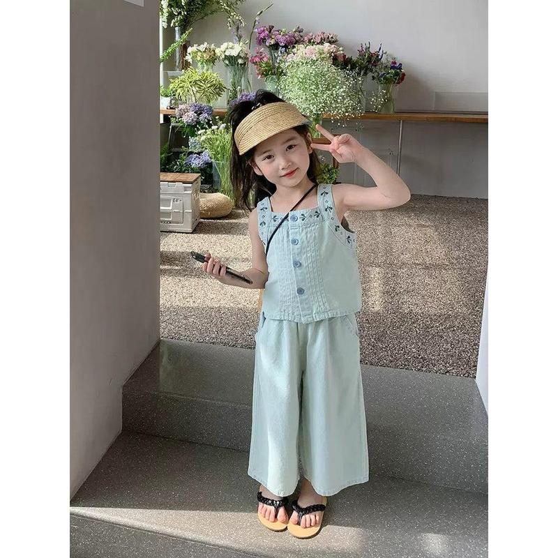 [363682] - Baju Setelan Atasan Kancing Celana Panjang Jeans Fashion Anak Perempuan - Motif Gradient Denim 0
