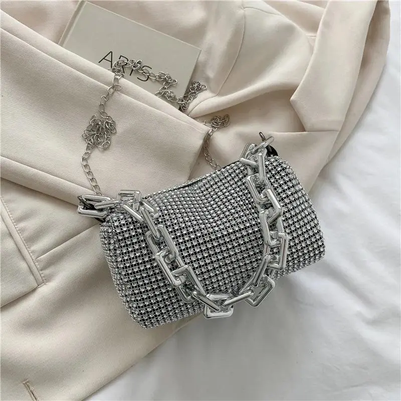 Dây Xích Kim Cương, Thời Trang, Dành Cho Túi Đeo Chéo Nữ, Xu Hướng Mới, Màu Trơn Có Khóa Kéo, Túi Đeo Chéo Dưới Cánh Tay Nữ, Túi Đưa Thư, Thích Hợp Cho Bữa Tiệc Buổi Tối, Túi Cầm Tay 6