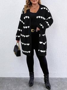 Plus Size Heart Print Long Sleeve Cardigan, Casual Drop Shoulder Open Front Knitwear for Fall & Winter, Women's Plus Clothing for Daily Wear