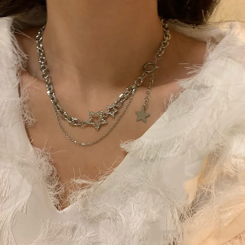 High-grade star double-layer necklace for women, cold style, ins hip-hop, short clavicle chain, trendy temperament chain necklace