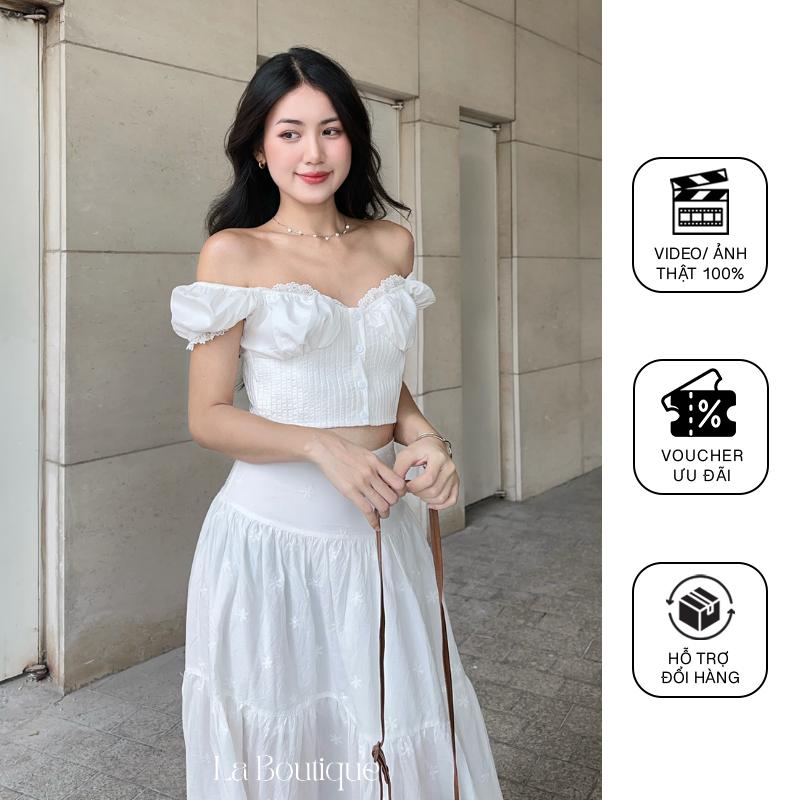 Áo croptop kiểu tay phồng mini La Boutique viền ren nữ tính dễ thương Trắng