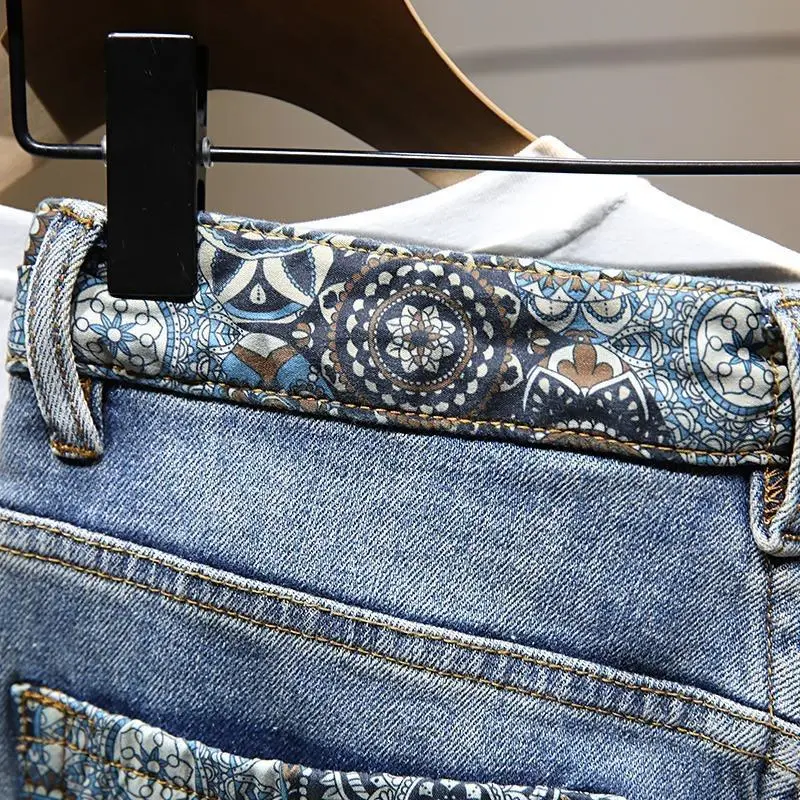 Quần Soóc Denim Mùa Hè, Cao Cấp, Thương Hiệu Hợp Xu Hướng Hàng Châu Âu, Dành Cho Nam Giới, Phong Cách Cổ Điển Chắp Vá, Quần Soóc Ống Đứng Dáng Rộng, Quần Soóc Bermuda, Rách 4
