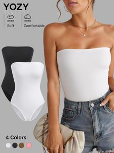 YOZY Basic Solid Strapless Bodysuit/ Casual Comfort Minimalist One Piece Bodysuit, 2024 Women's Daily Outfits for All Seasons