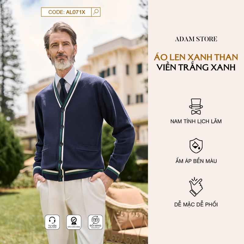  ÁO LEN CARDIGAN  NAM ADAM STORE XANH THAN VIỀN TRẮNG XANH AL071X 